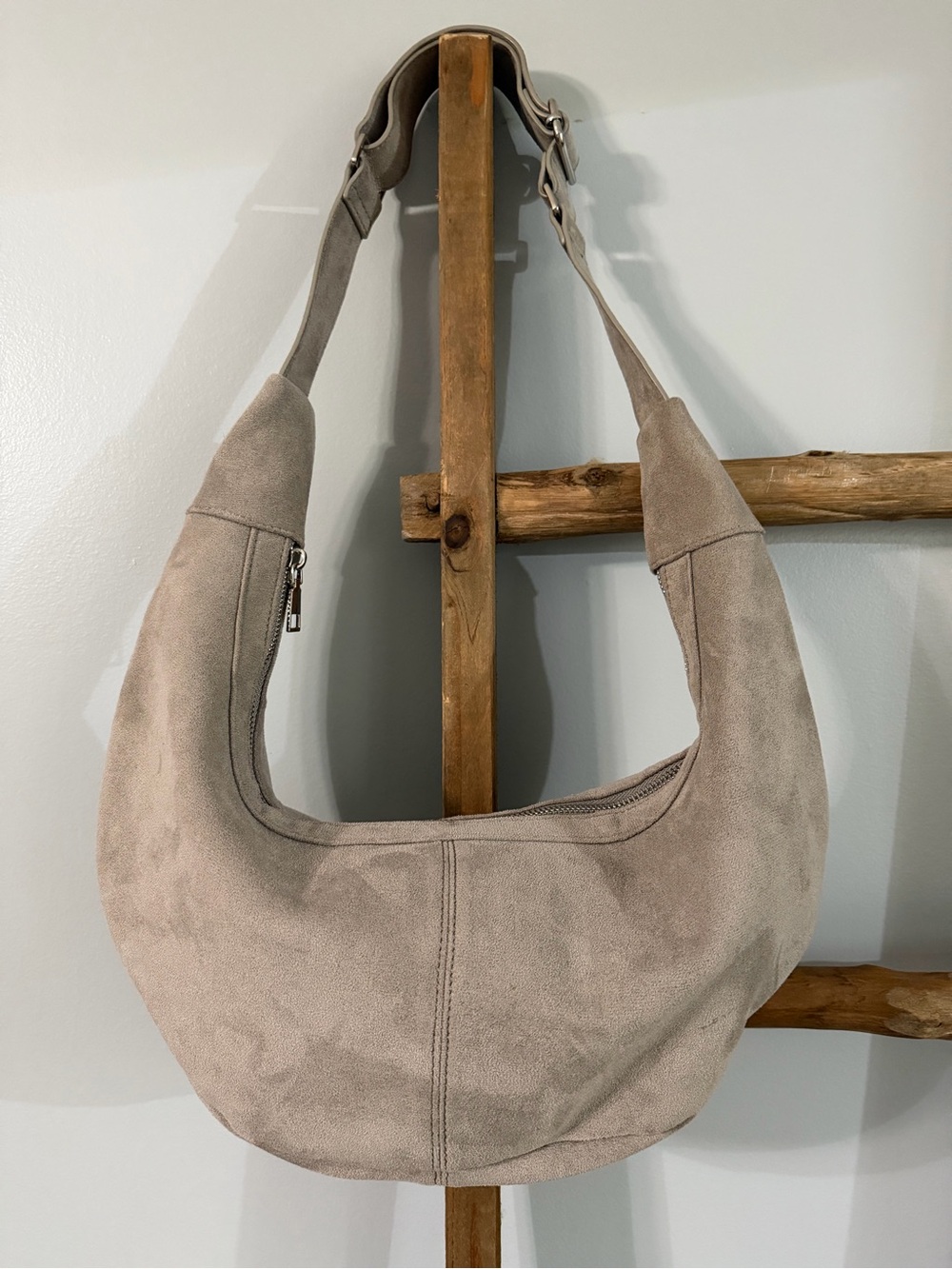Suede Crescent Hobo Bag in Taupe by ahdorned